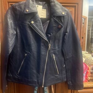 NWT Atelier Women's Navy Leather Moto Jacket with Asymmetrical Zip Front
